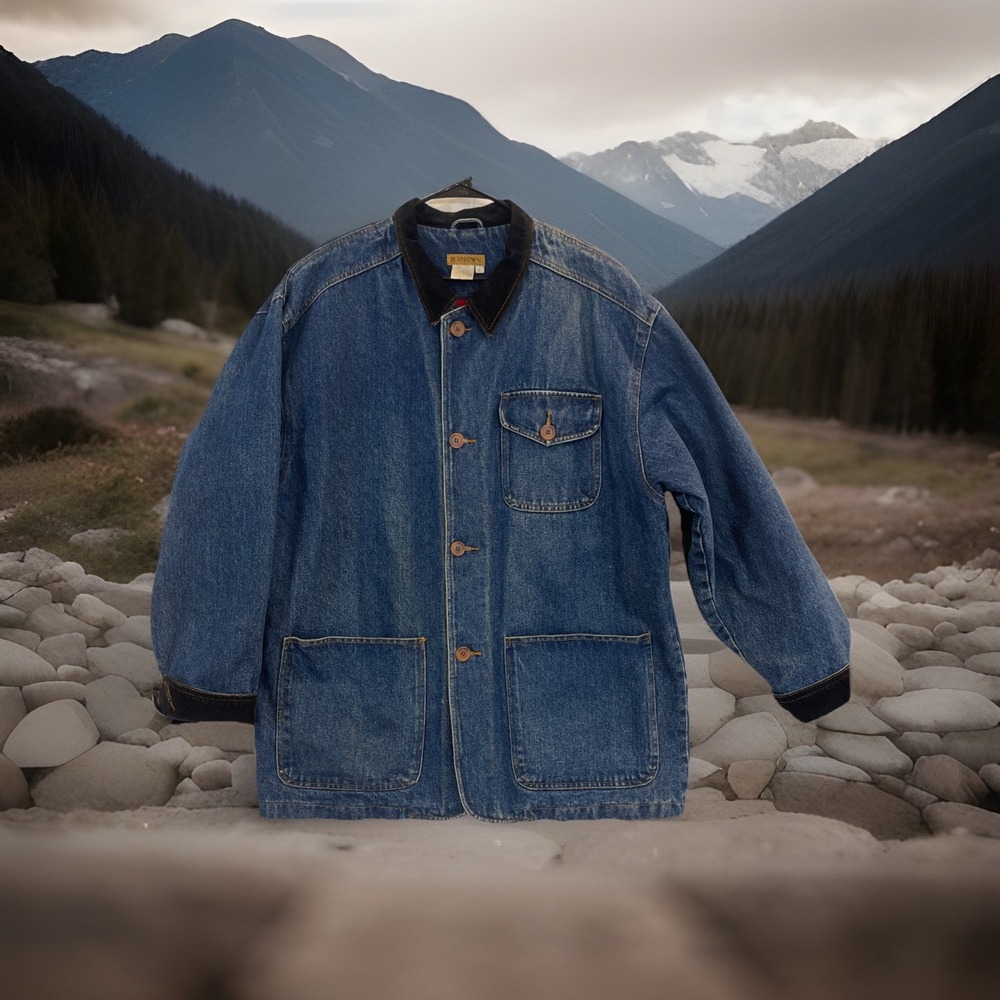 Vtg Ruff Hewn Denim Chore Jacket Barn Coat Mens L Corduroy Collar Ranch Farm‎